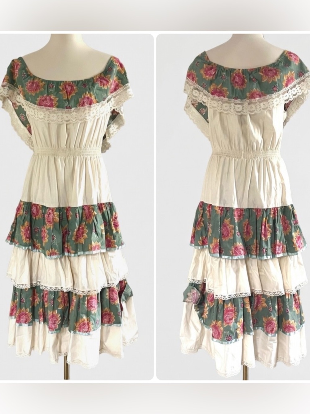 Vintage Young Edwardian by Arpeja Ivory Floral Lace Detail Ruffled Maxi Dress M